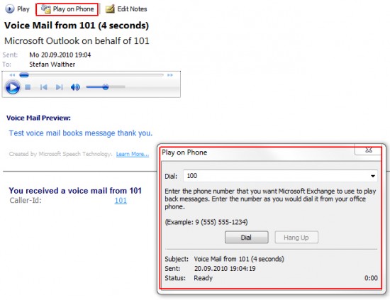 OutlookDial Exchange/Outlook "PlayOnPhone" Funktion