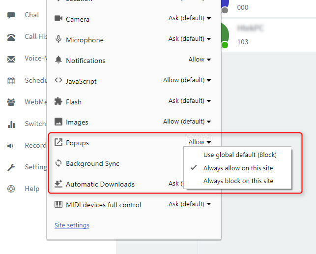 Pop-Up Blocker für den 3CX Web-Client, um Audio und Videokonferenzen im Kalender anzusetzen