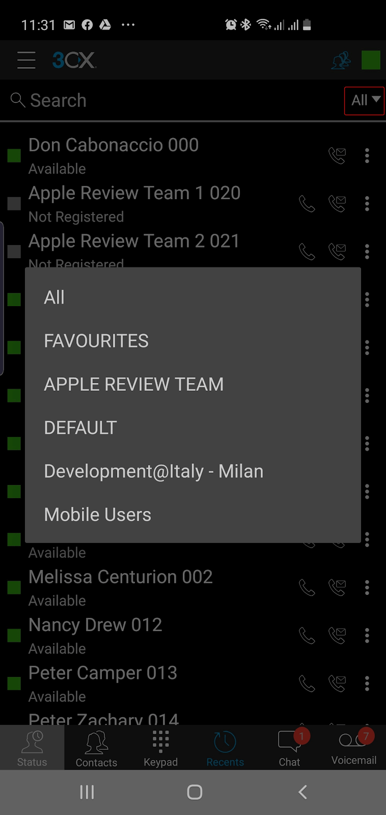 Dropdown-Fenster für Gruppen in der 3CX-App für Android