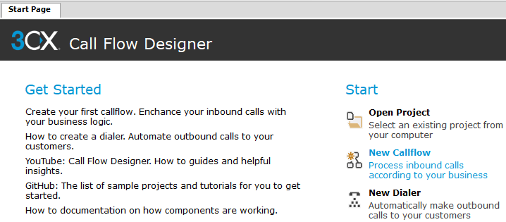neue Startseite des 3CX Call Flow Designers