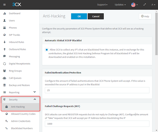 Anti-Hacking via 3CX-Verwaltungskonsole