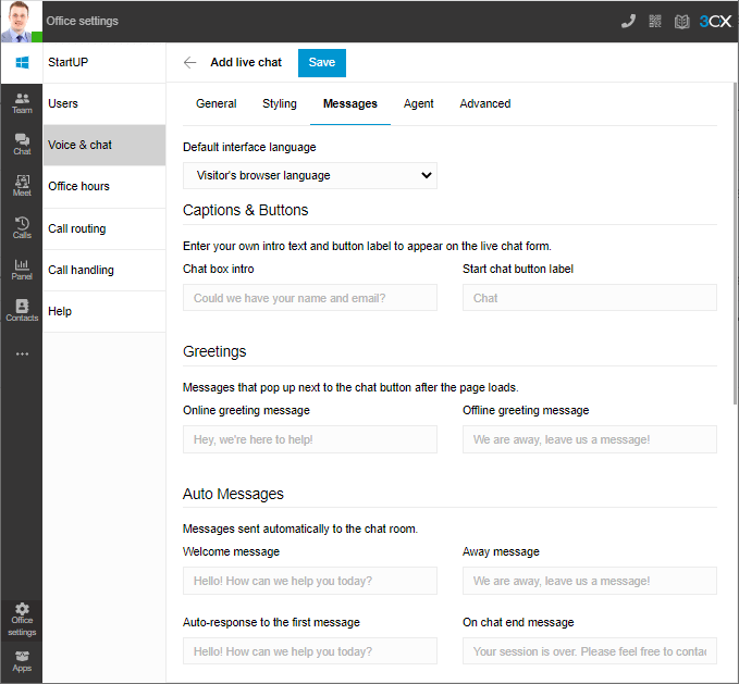 Livechat – Einstellungen 3CX Web Client - Live-Chat hinzufügen